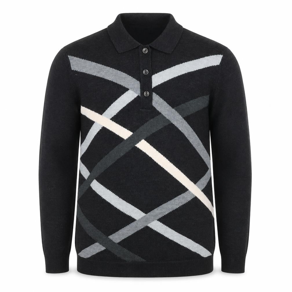 Roberto Sarto Men Black Wool Geometric Collared Henley Jumper M