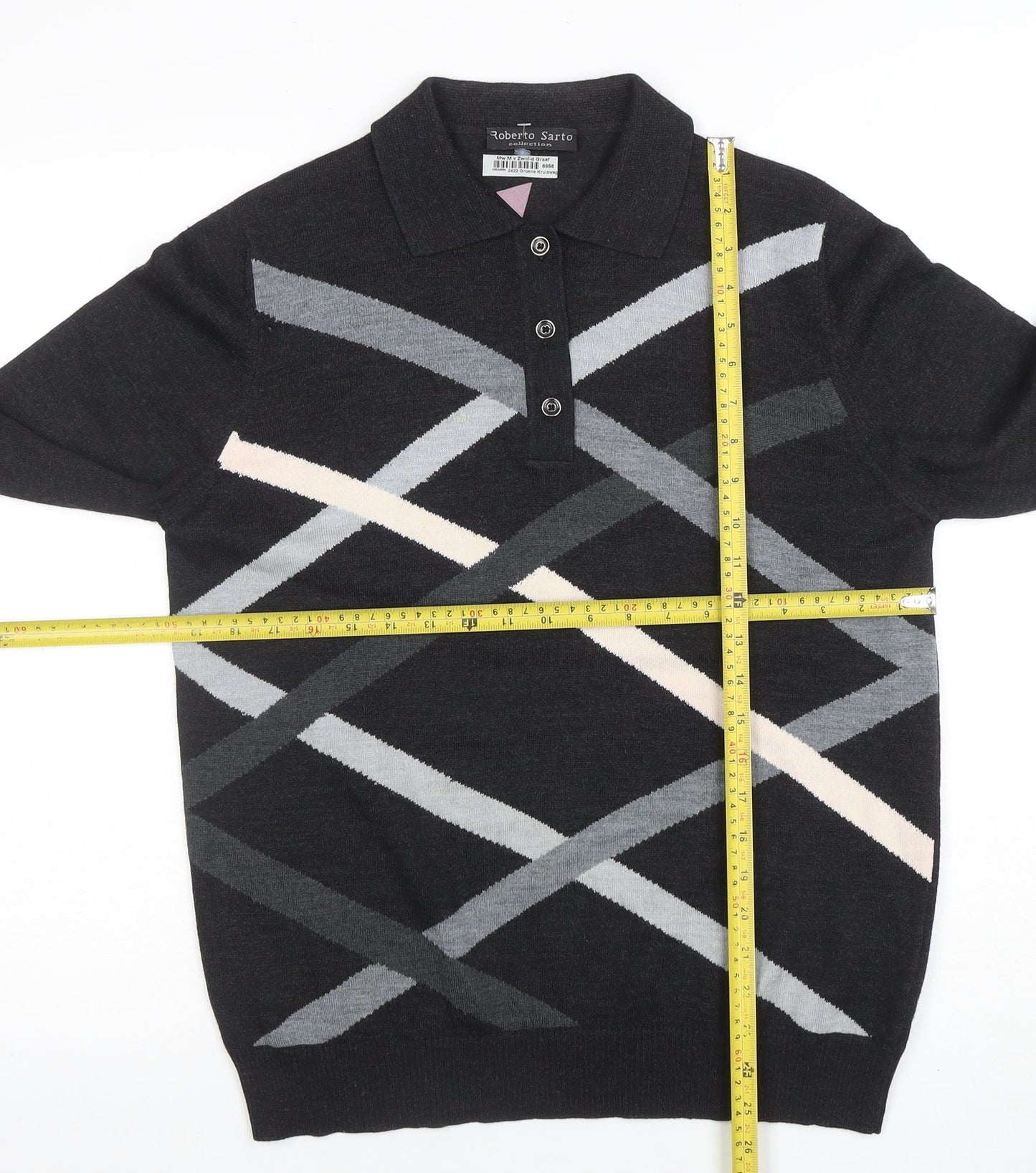 Roberto Sarto Men Black Wool Geometric Collared Henley Jumper M