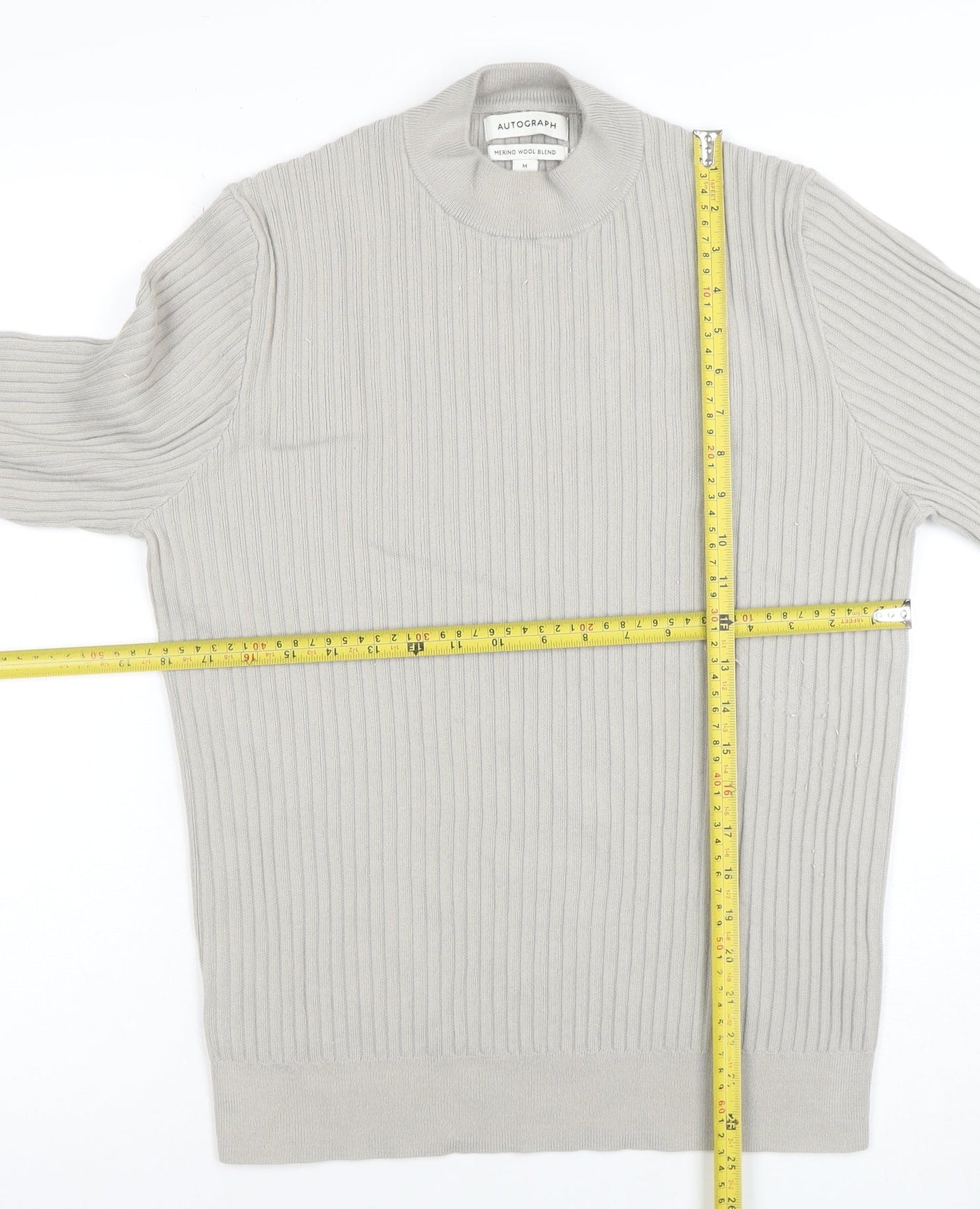 Marks and Spencer Men’s Beige Merino Wool Blend Ribbed Jumper M