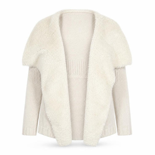 Oasis Women Beige Faux Fur Trim Open Knit Cardigan Size S