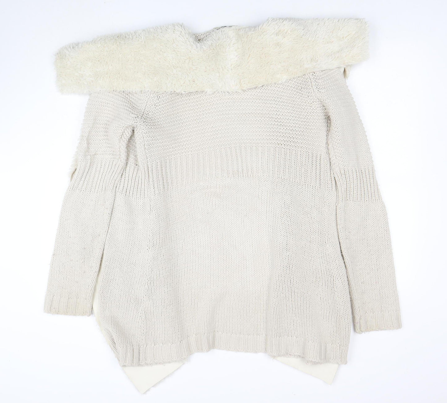Oasis Women Beige Faux Fur Trim Open Knit Cardigan Size S