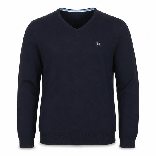 Front view of Crew Clothing Men Blue L V-Neck Cotton Cashmere Jumper