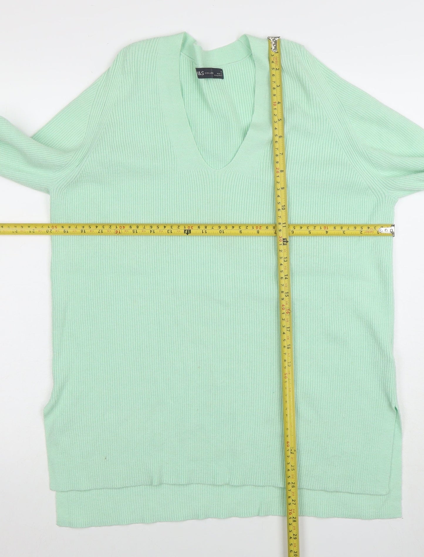 Marks and Spencer Women's Mint Green V-Neck Long Sleeve Jumper Size 12
