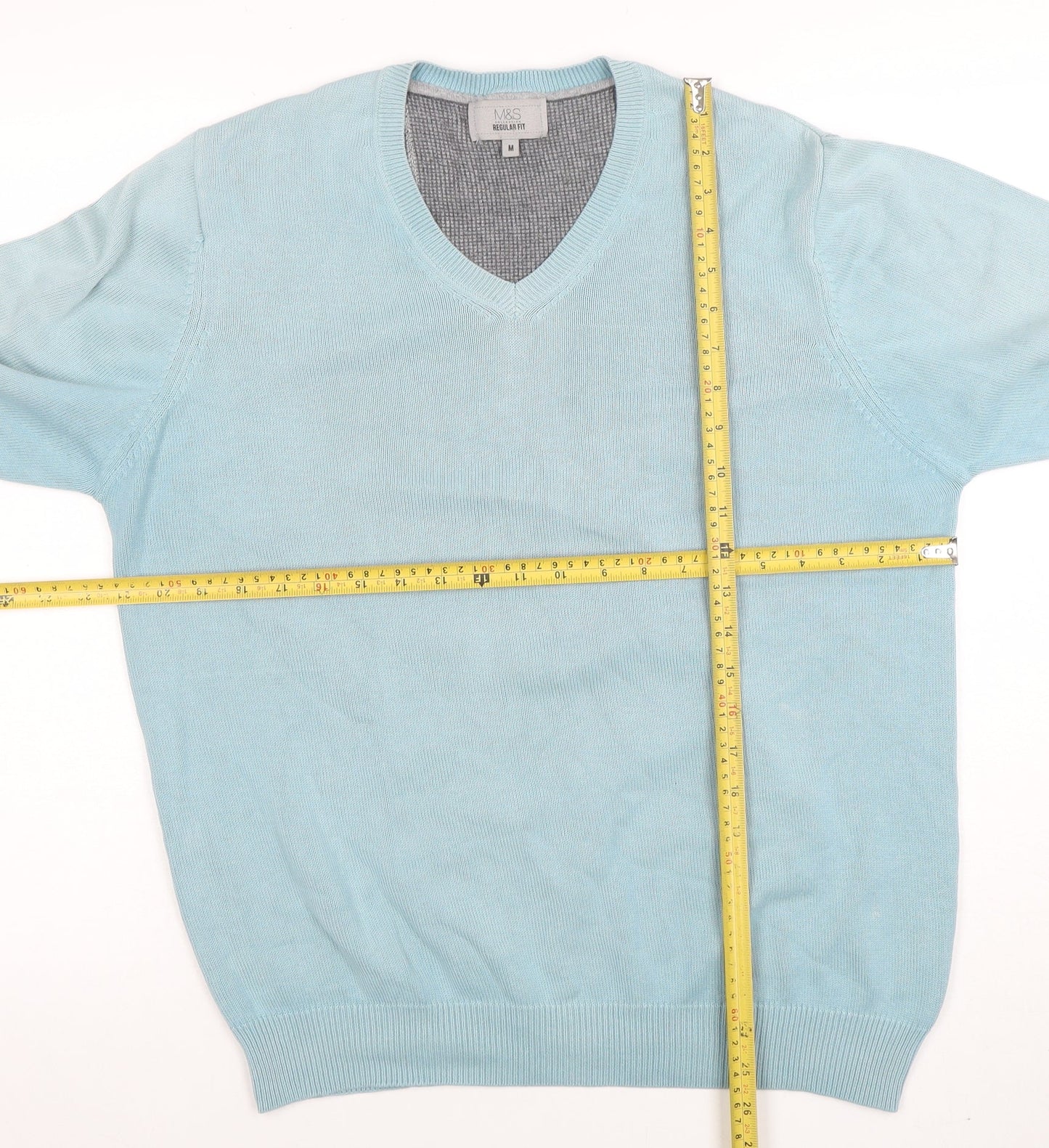 Marks and Spencer Mens Blue Cotton V-Neck Jumper M Regular Fit
