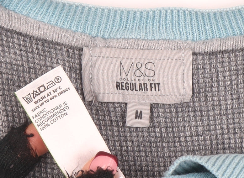 Marks and Spencer Mens Blue Cotton V-Neck Jumper M Regular Fit