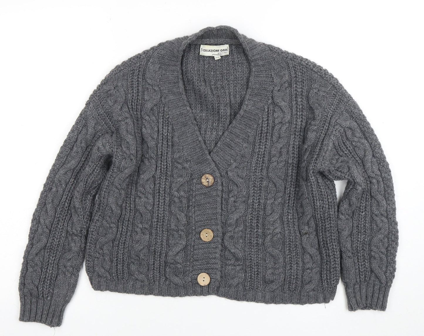 Collezione Gaia Women's Grey Chunky Knit V-Neck Button Cardigan S