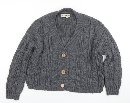 Collezione Gaia Women's Grey Chunky Knit V-Neck Button Cardigan S