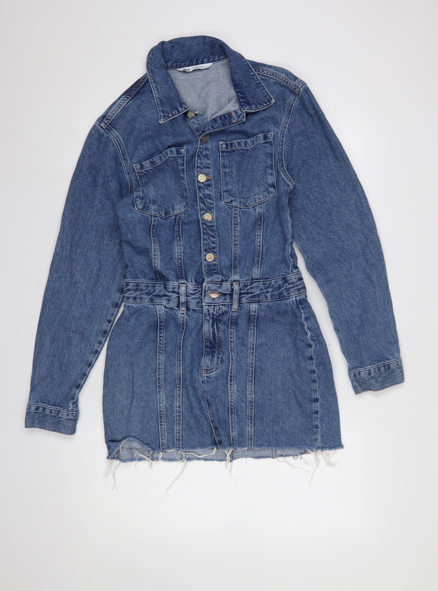 Zara Women Blue Denim Shirt Mini Dress Size S Collared Belted