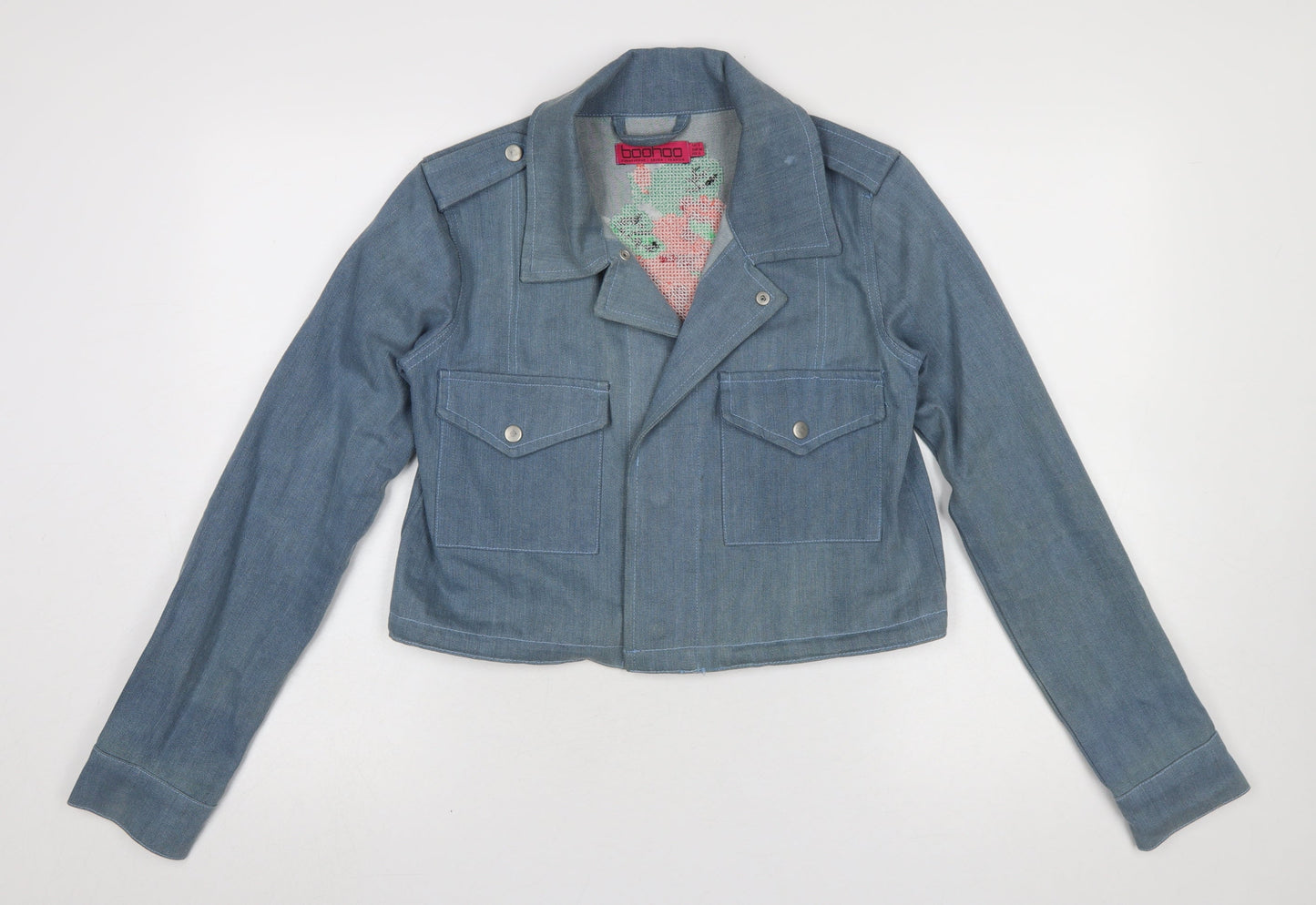 Boohoo Women Blue Denim Floral Embroidered Cropped Biker Jacket UK 8