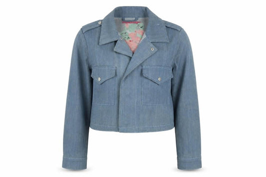 Boohoo Women Blue Denim Floral Embroidered Cropped Biker Jacket UK 8
