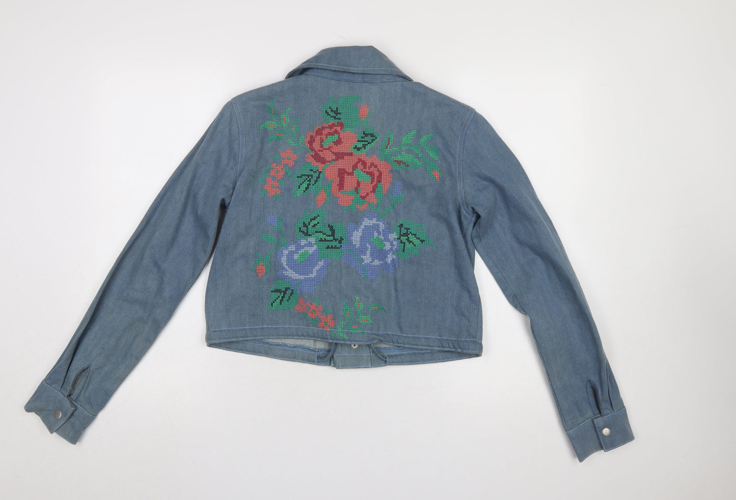 Boohoo Women Blue Denim Floral Embroidered Cropped Biker Jacket UK 8