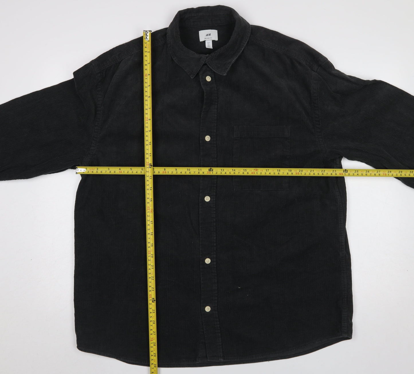H&M Mens Black Corduroy Button-Up Shirt L Relaxed Fit Casual