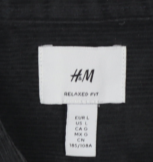 H&M Mens Black Corduroy Button-Up Shirt L Relaxed Fit Casual