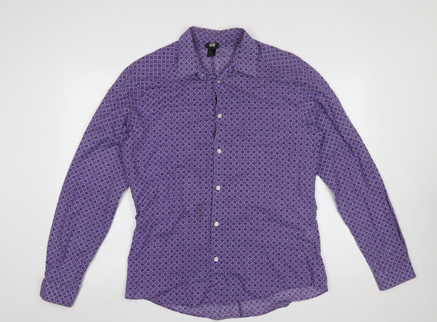 H&M Men’s Purple Geometric Long Sleeve Cotton Button-Up Shirt Size L