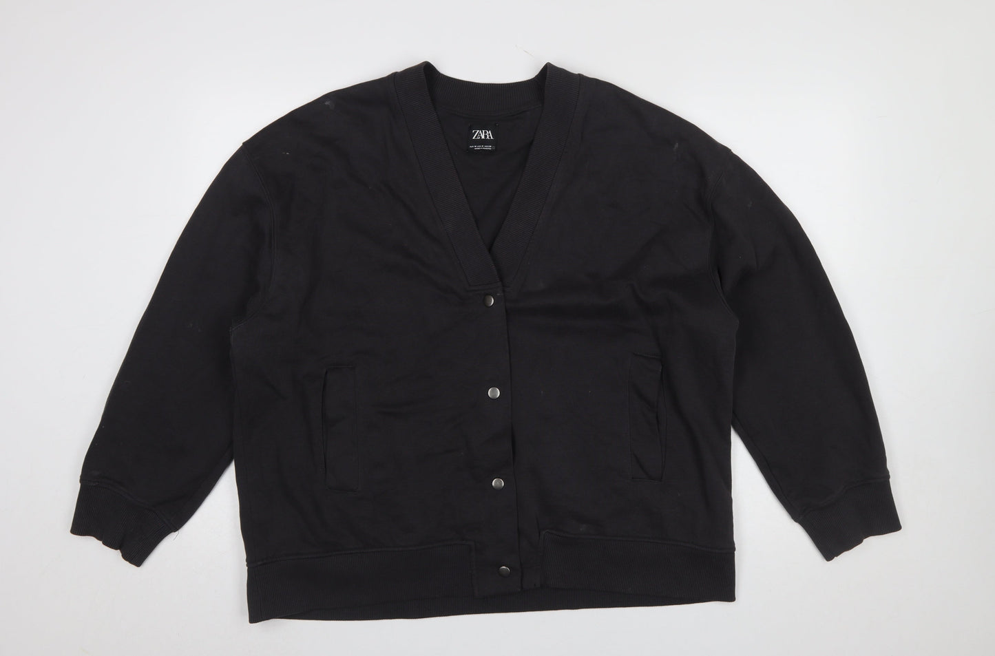 Zara Women Black Medium Cardigan Sweatshirt Button Closure Cotton Blend