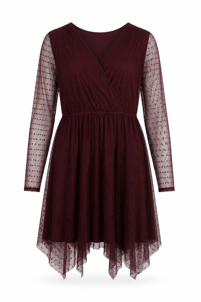 New Look Women’s Red Mesh Polka Dot Wrap Dress Size 16 Long Sleeve