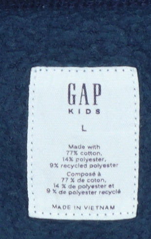 Brand and care label for Gap Kids girls’ blue logo pullover sweatshirt, size 10-11, years