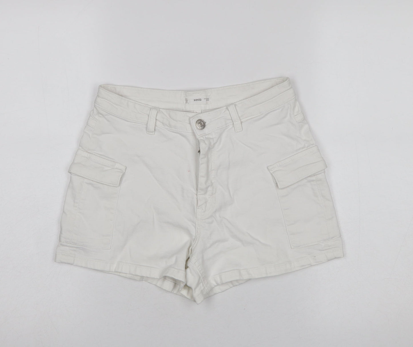 MNG Women Ivory Cargo Shorts Size M Cotton Twill Stretch Casual