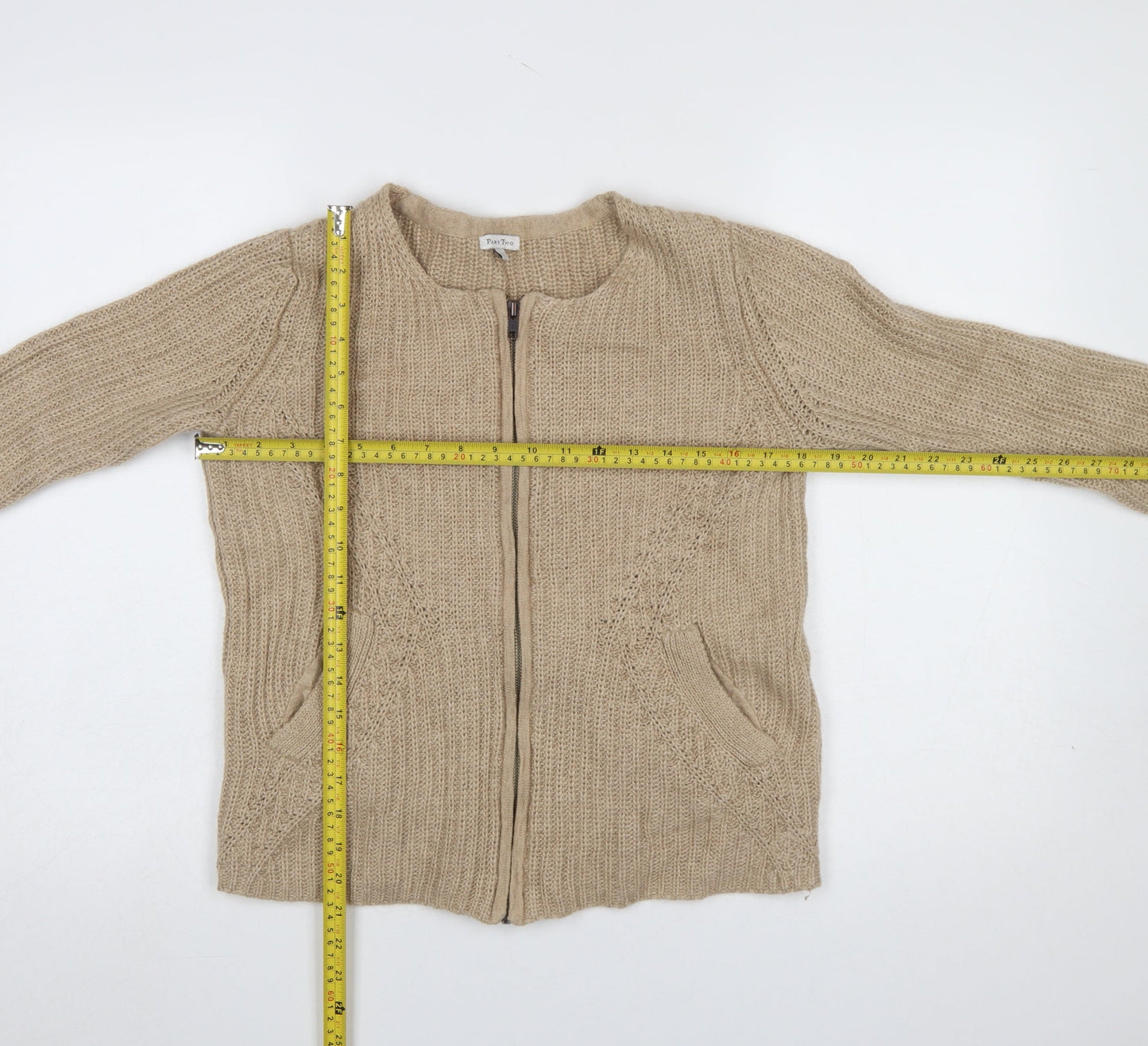 Part Two Women Beige L Chunky-Knit Full Zip Cardigan Wool Blend