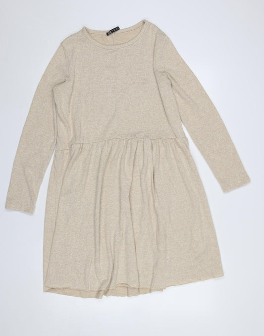 Zara Women Beige Knit Long Sleeve Skater Dress Size 12