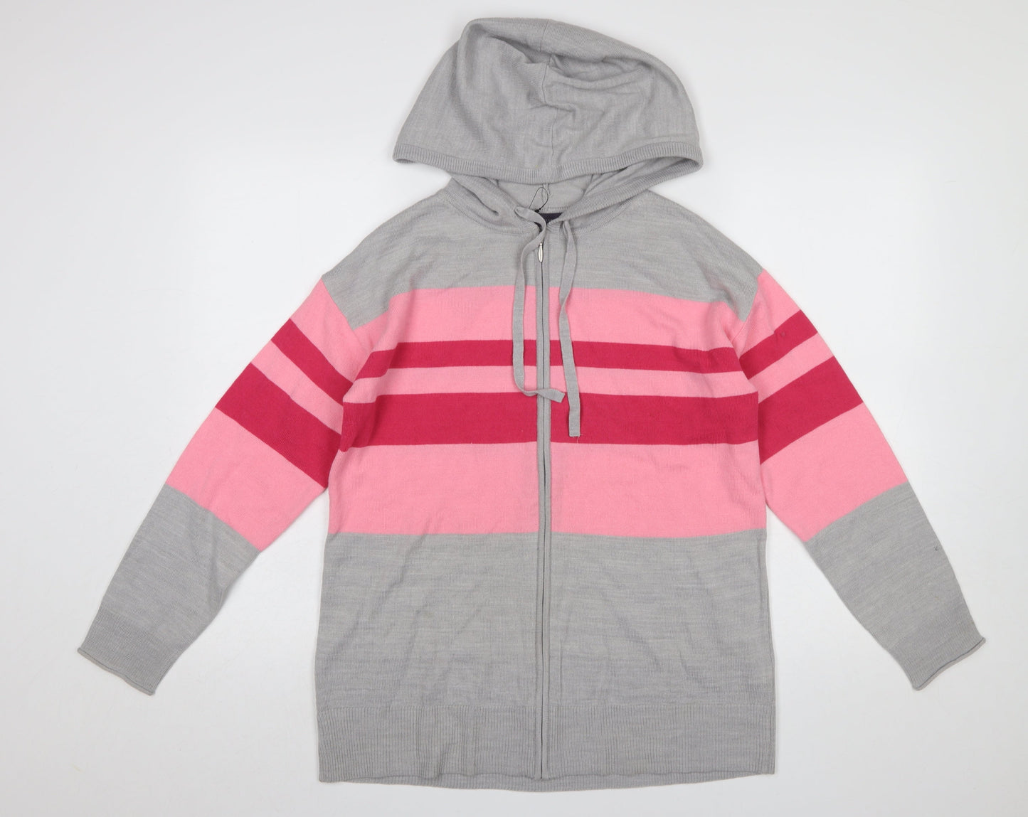 Marks and Spencer Women Grey Pink Striped Hooded Full Zip Cardigan Small