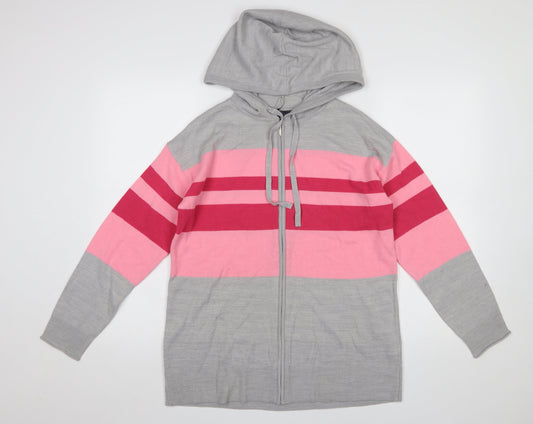 Marks and Spencer Women Grey Pink Striped Hooded Full Zip Cardigan Small