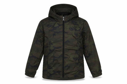Front view of TOG24 boys’ green camouflage hooded windbreaker jacket 10 years