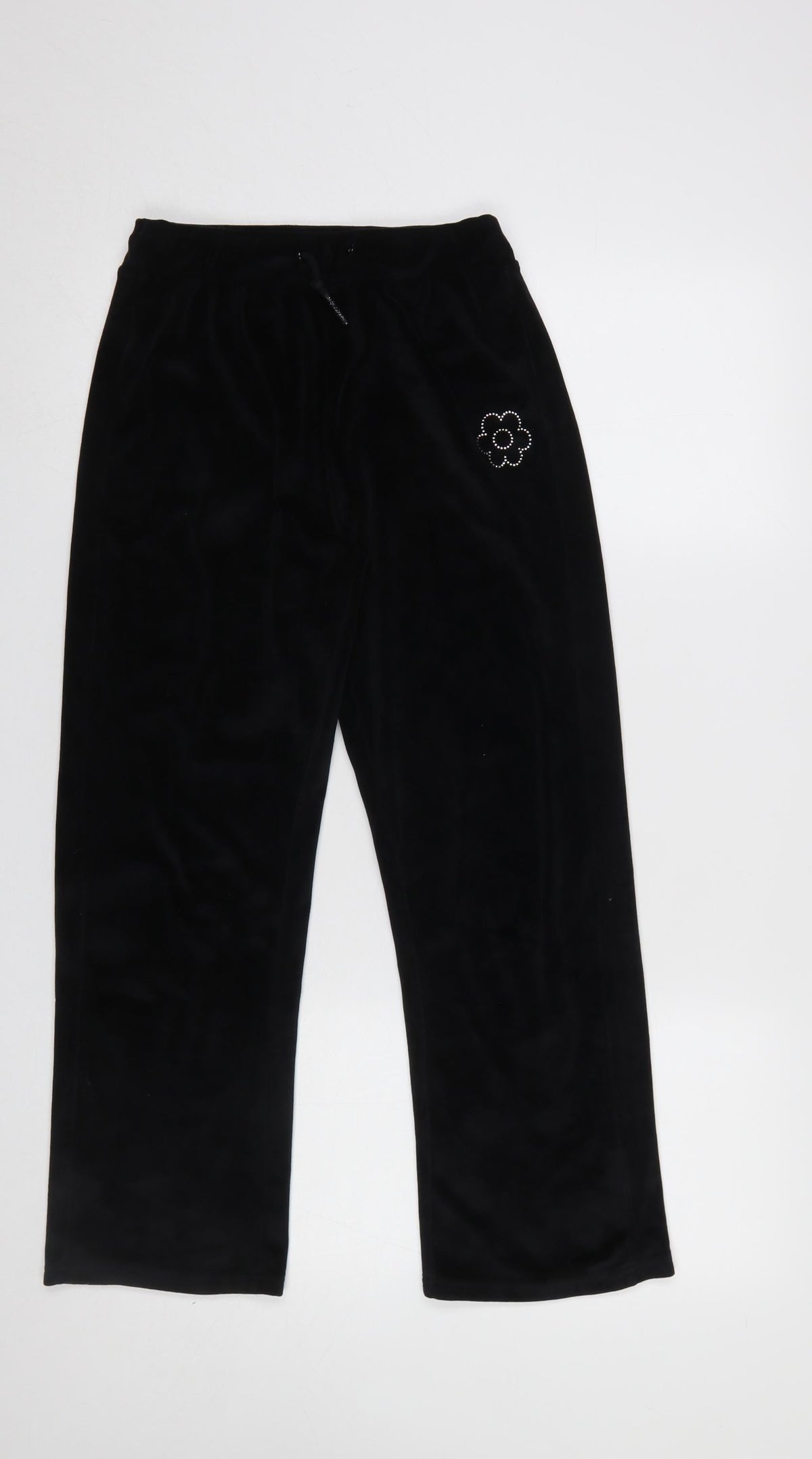 Dunnes Stores Girls Black Velour Sweatpants 25in Waist - Flower Detail