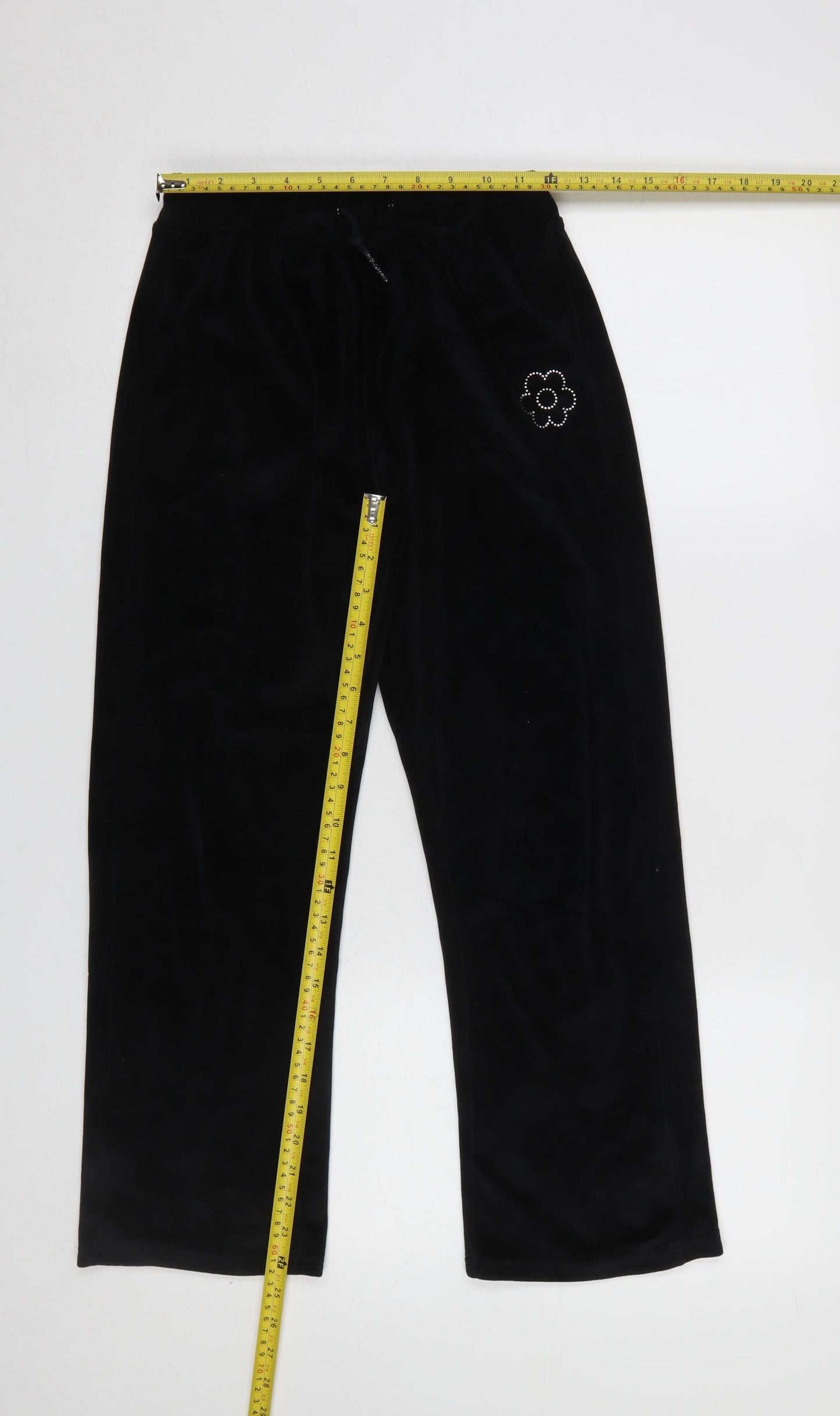 Dunnes Stores Girls Black Velour Sweatpants 25in Waist - Flower Detail