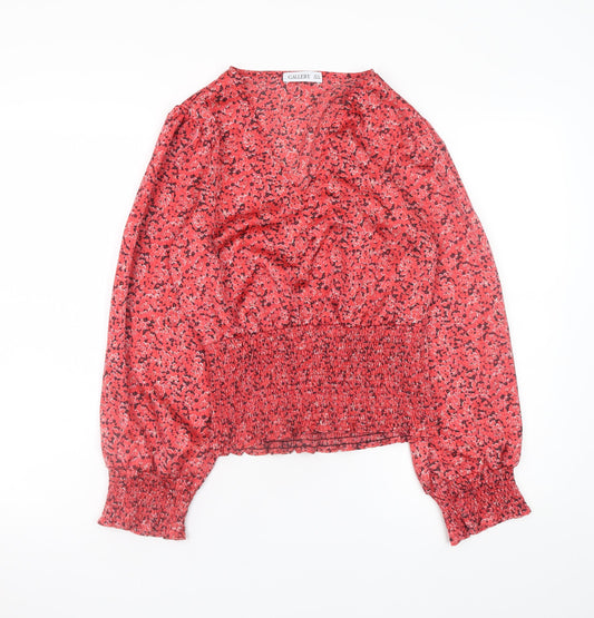 Gallery Womens Red Floral Wrap Blouse UK 10 Long Sleeve Chiffon Top