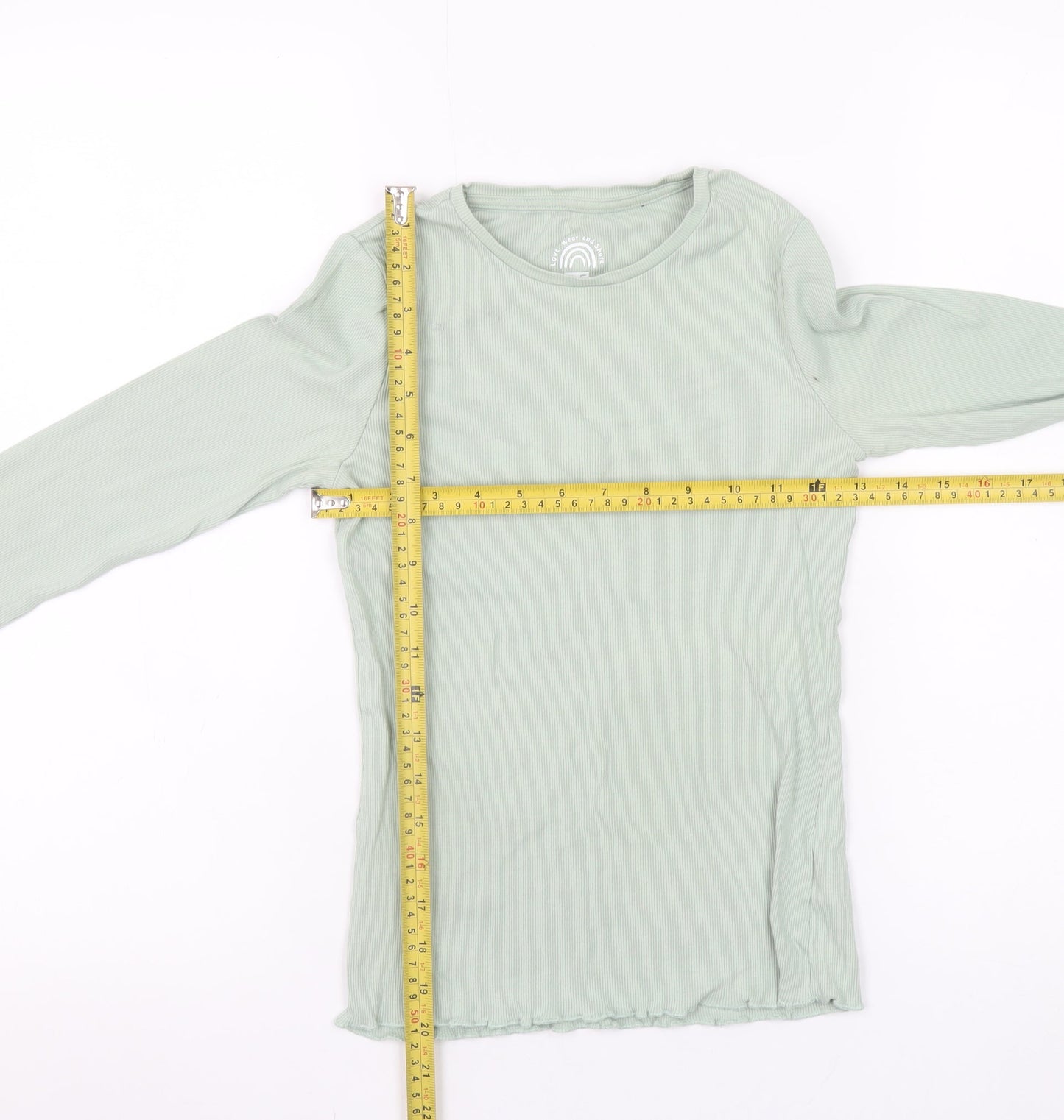 F&F Girls Light Green Ribbed Long Sleeve Pullover Top UK 10-11Y Cotton Blend