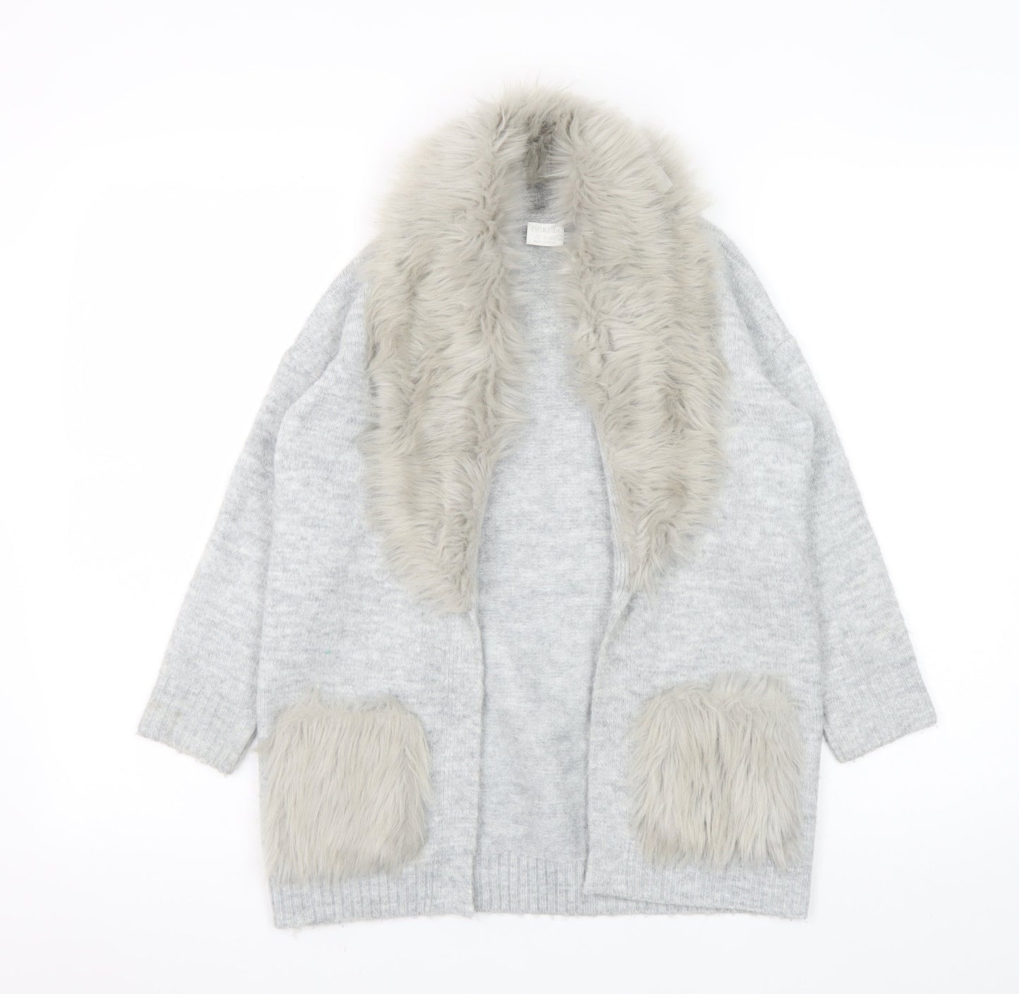 F&F Kids Girls Grey Faux Fur Trim Cardigan 8-9 Years Winter Knitwear
