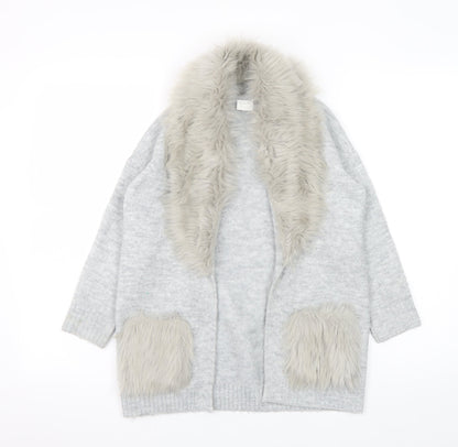 F&F Kids Girls Grey Faux Fur Trim Cardigan 8-9 Years Winter Knitwear