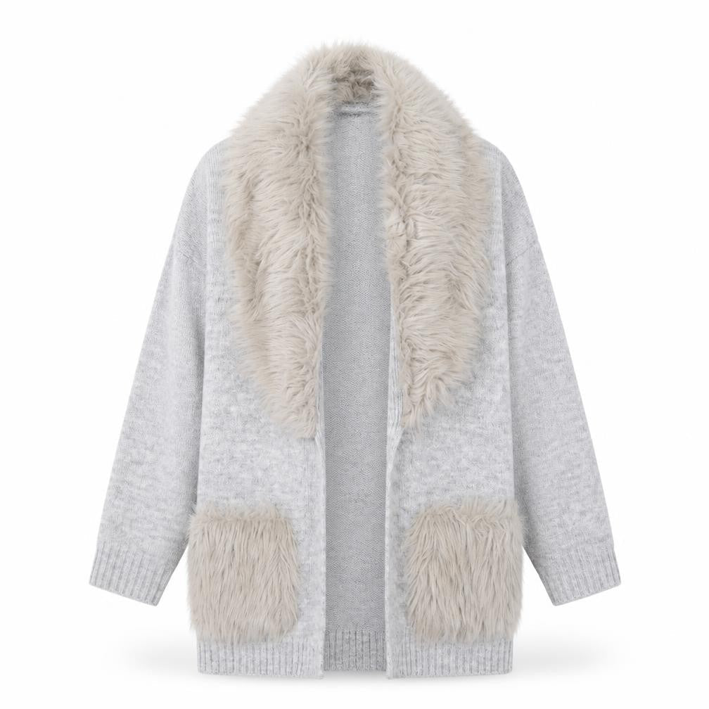 F&F Kids Girls Grey Faux Fur Trim Cardigan 8-9 Years Winter Knitwear