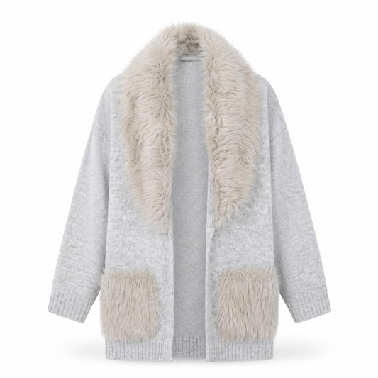 F&F Kids Girls Grey Faux Fur Trim Cardigan 8-9 Years Winter Knitwear