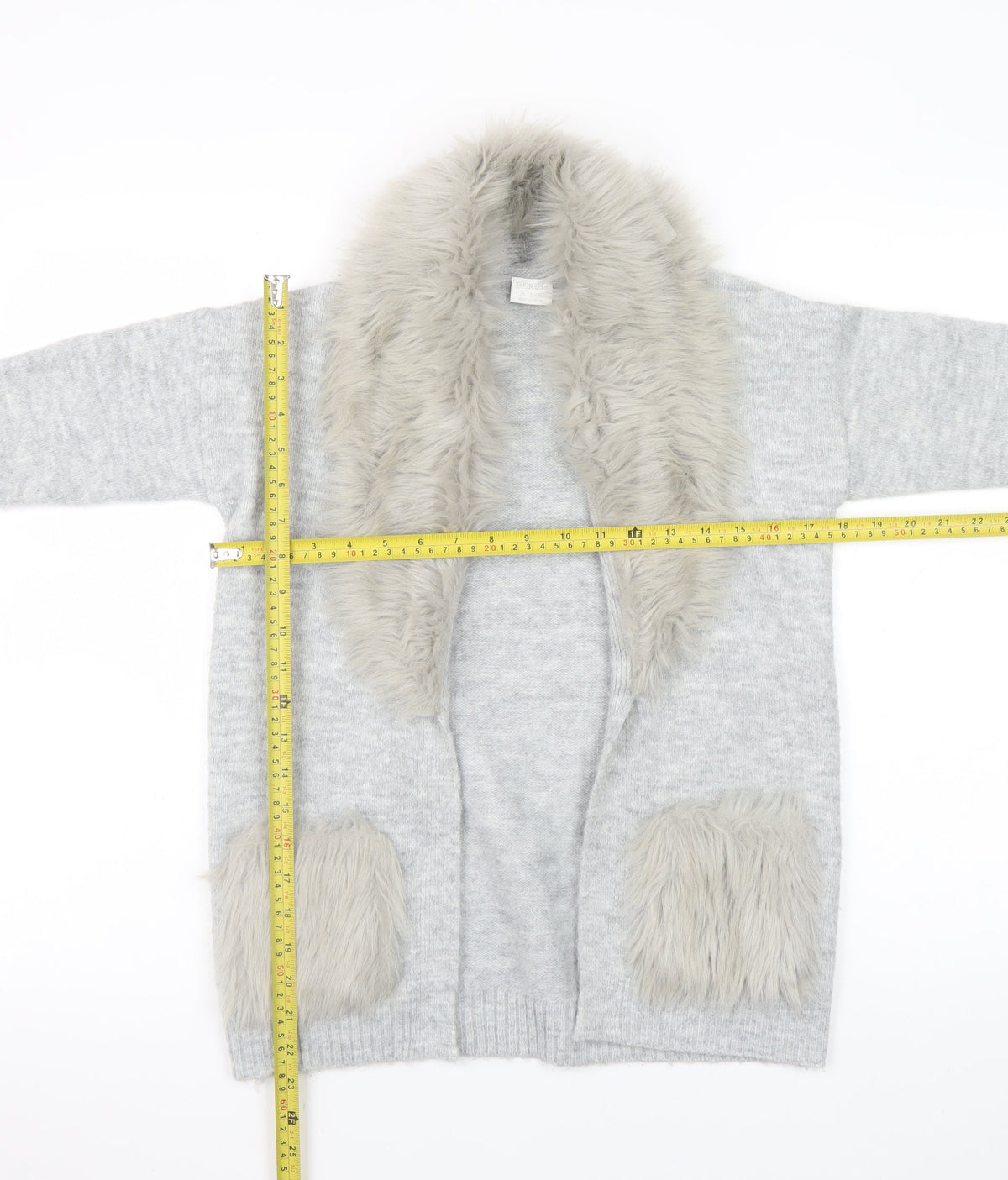 F&F Kids Girls Grey Faux Fur Trim Cardigan 8-9 Years Winter Knitwear