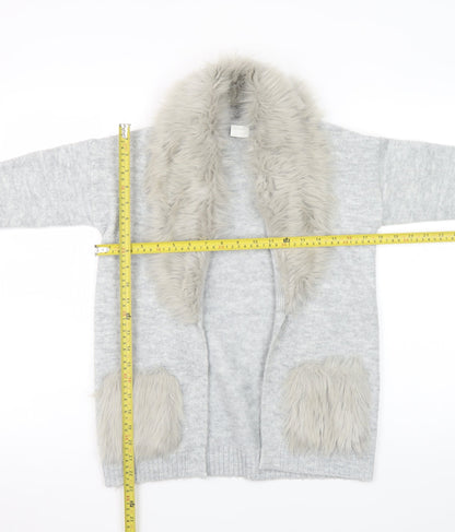 F&F Kids Girls Grey Faux Fur Trim Cardigan 8-9 Years Winter Knitwear