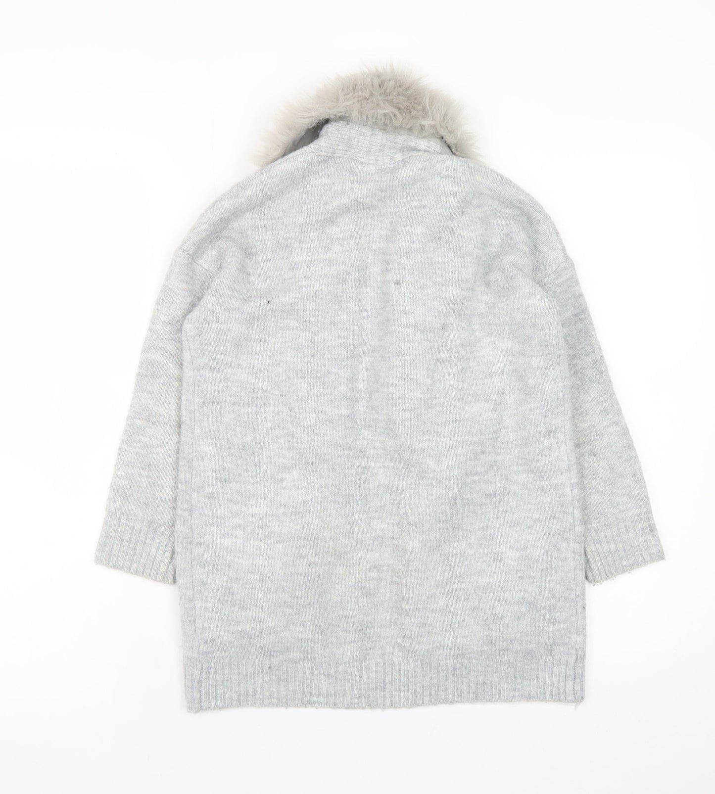F&F Kids Girls Grey Faux Fur Trim Cardigan 8-9 Years Winter Knitwear
