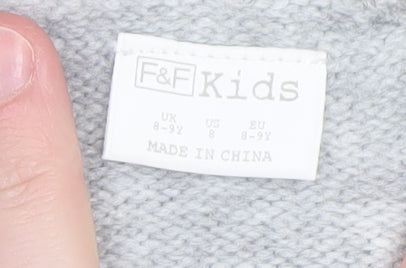 F&F Kids Girls Grey Faux Fur Trim Cardigan 8-9 Years Winter Knitwear