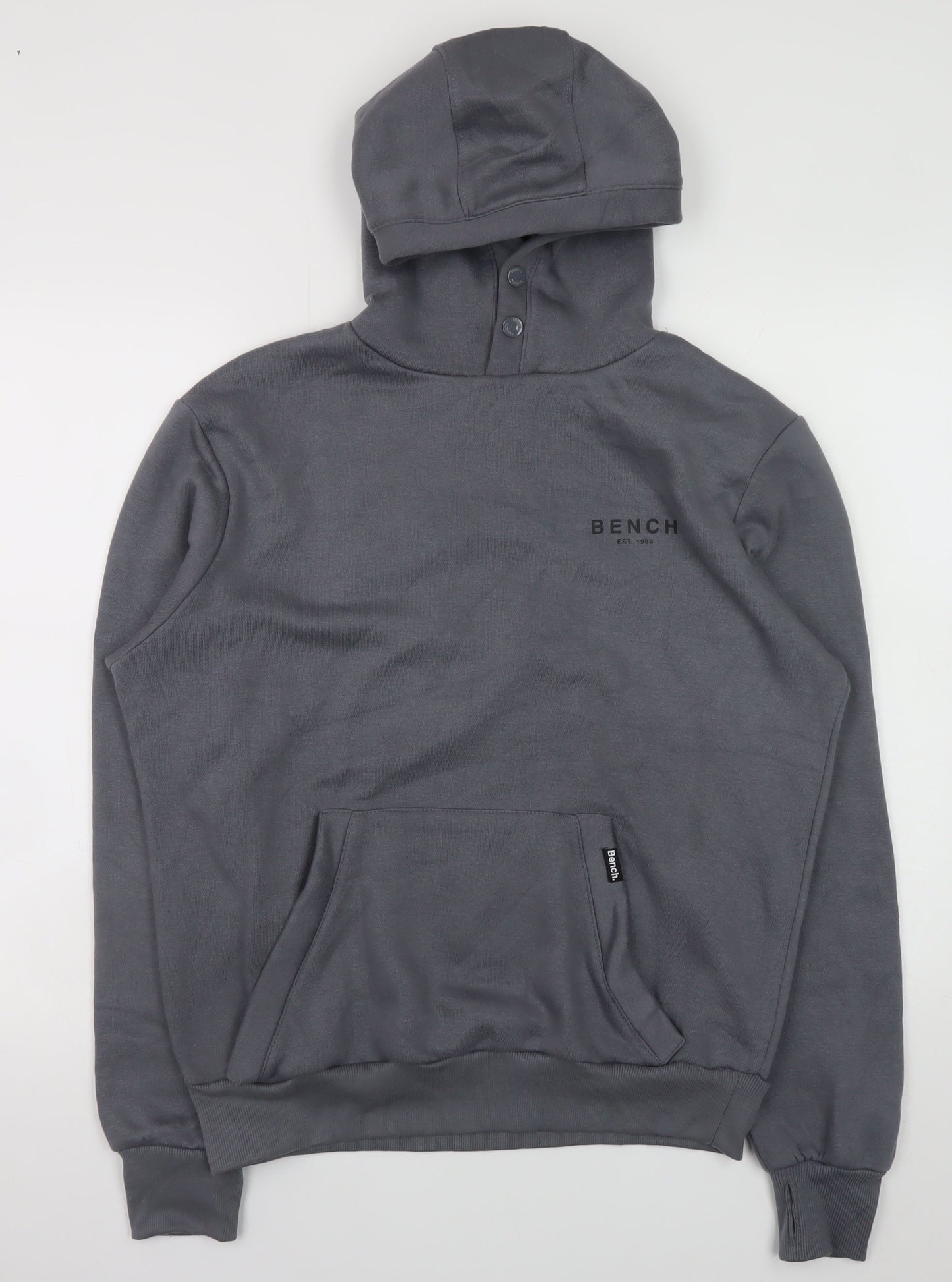 Bench Men Grey Pullover Hoodie M High Neck Logo Fleece Sweatshirt
