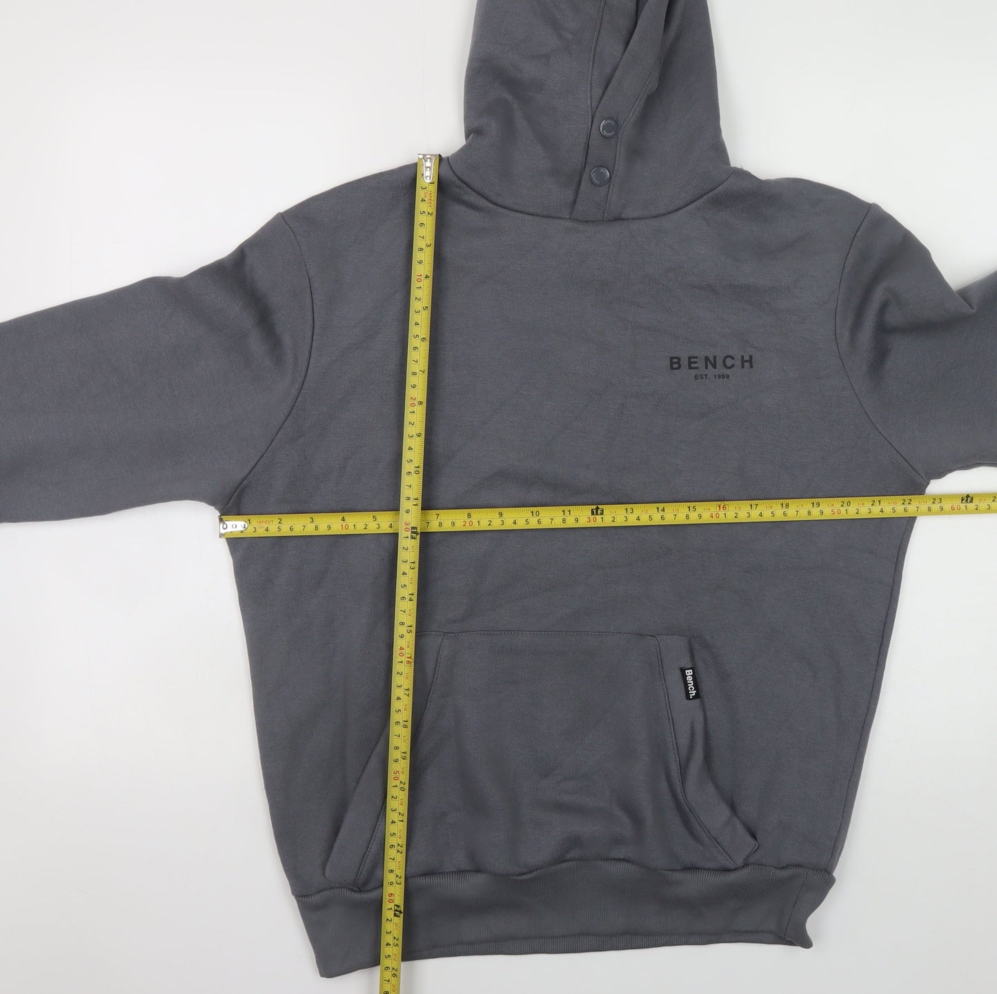 Bench Men Grey Pullover Hoodie M High Neck Logo Fleece Sweatshirt
