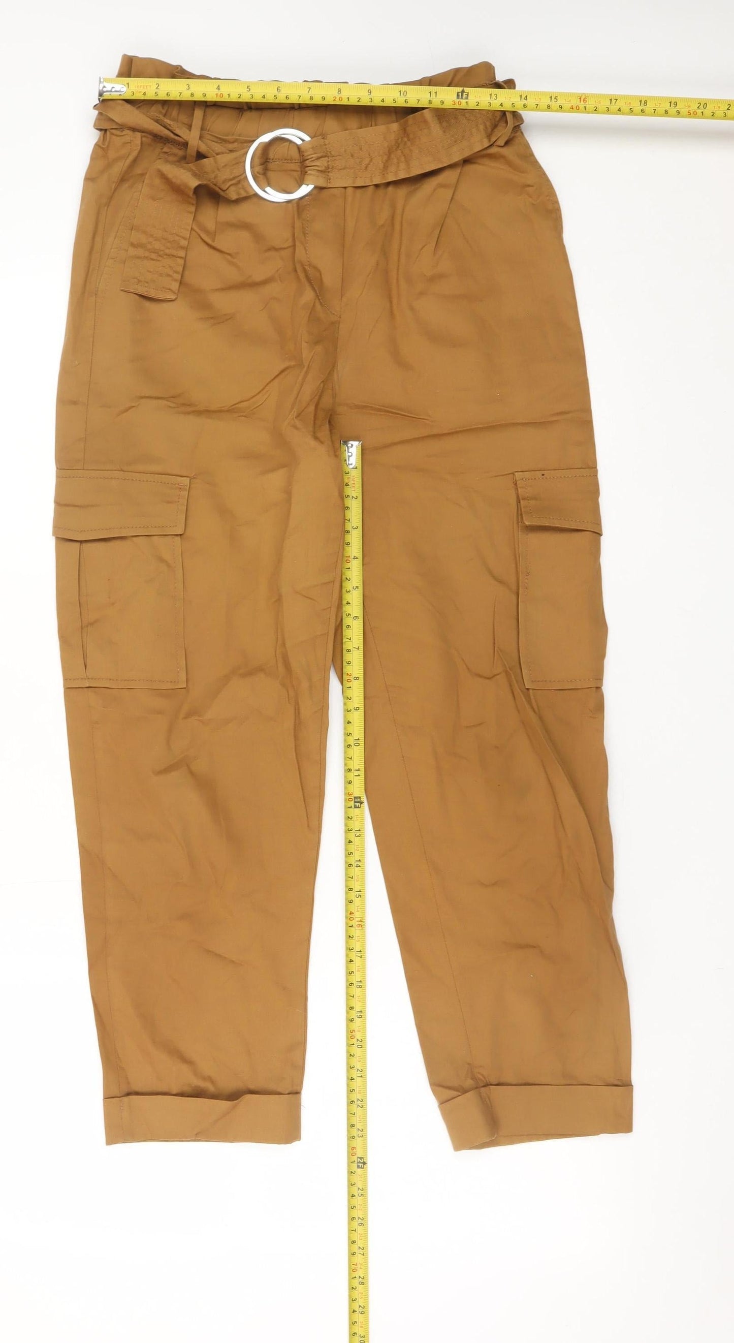 Bershka Womens Brown High Waist Cargo Trousers L 14 Belted Cotton Blend