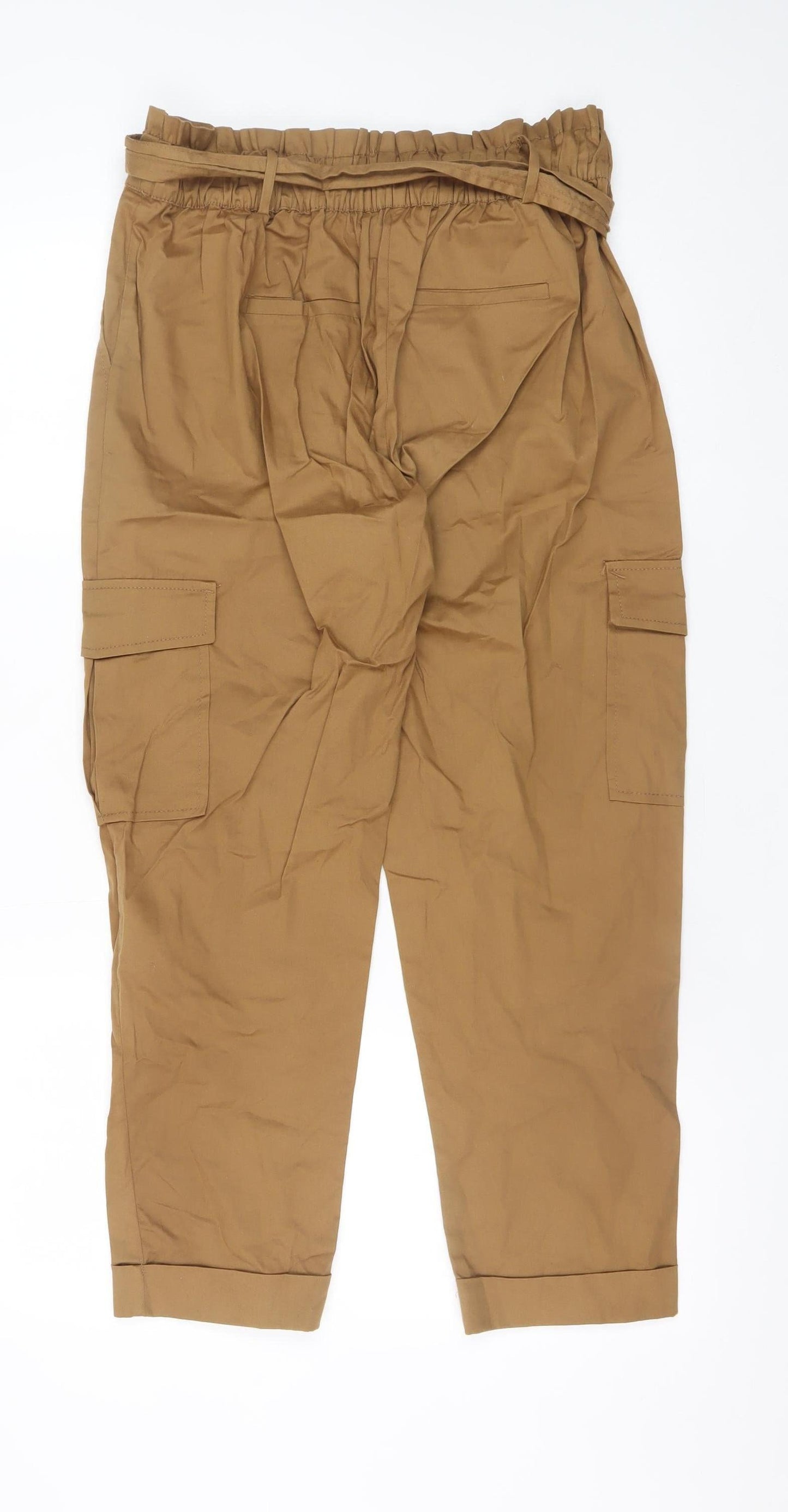 Bershka Womens Brown High Waist Cargo Trousers L 14 Belted Cotton Blend