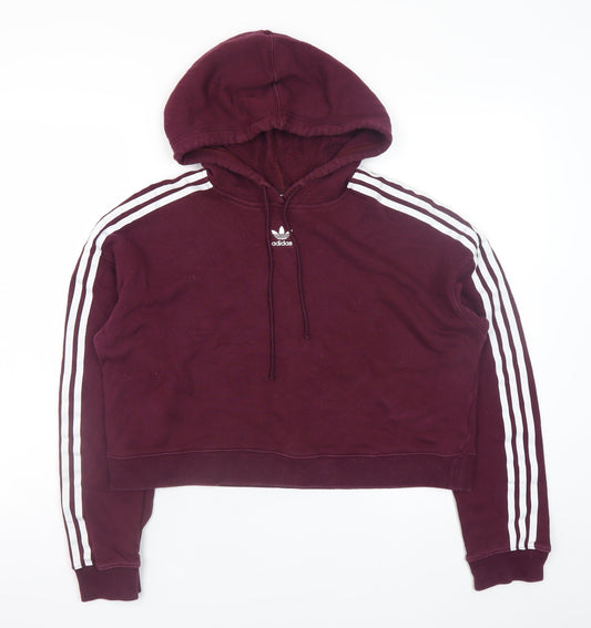 Adidas Women Burgundy 3-Stripes Cropped Hoodie Size 10 Cotton