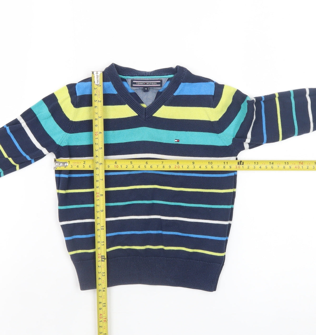 Tommy Hilfiger Boys Blue Striped V-Neck Cotton Jumper 3 Years