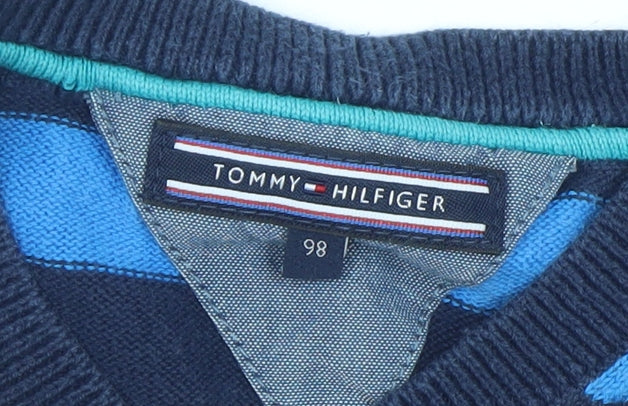 Tommy Hilfiger Boys Blue Striped V-Neck Cotton Jumper 3 Years