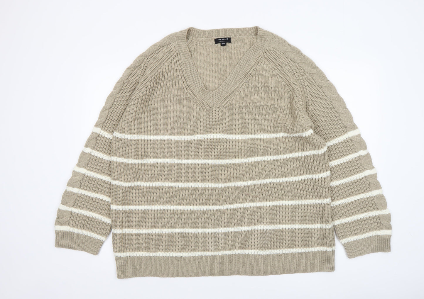 JD Williams Women Beige Stripe V-Neck Cable-Knit Jumper Size 16/18
