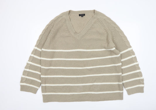 JD Williams Women Beige Stripe V-Neck Cable-Knit Jumper Size 16/18