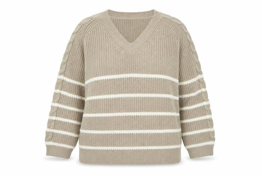 JD Williams Women Beige Stripe V-Neck Cable-Knit Jumper Size 16/18