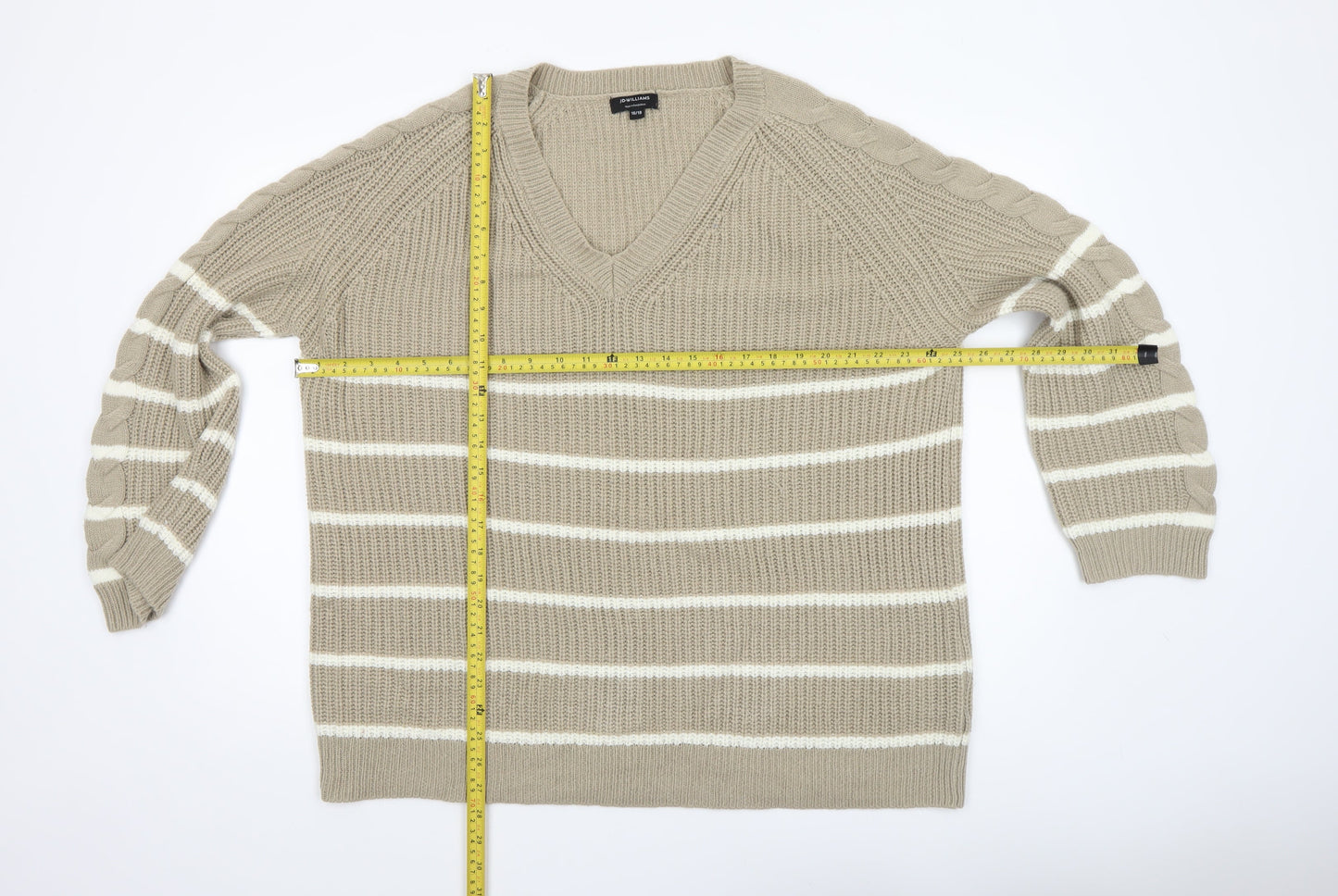 JD Williams Women Beige Stripe V-Neck Cable-Knit Jumper Size 16/18
